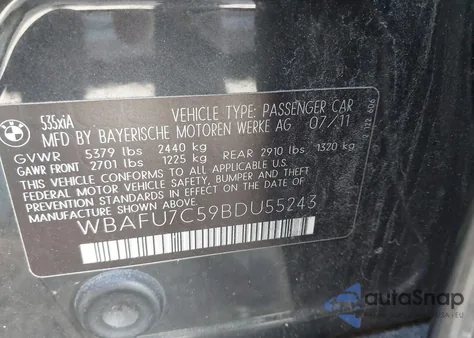 2011 BMW 535 xDrive из США, поврежденный, VIN WBAFU7C59BDU55243